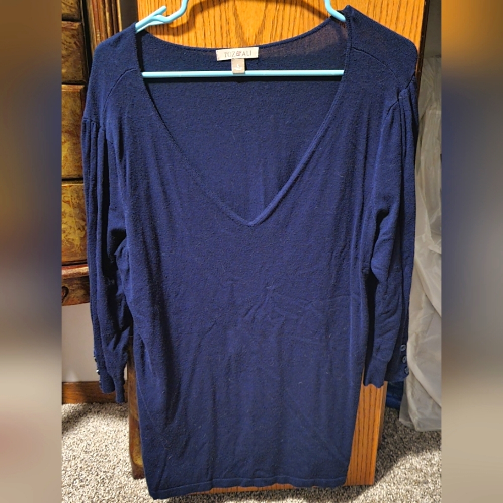 Womens Navy Three Quarter Length Sleeve V Neck Blouse - Size L